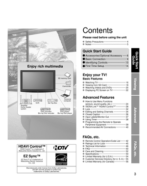 Page 33
Viewing
Advanced
FAQs, etc.
Quick Start Guide
HDAVI Control™HDAVI Control™ is a trademark of 
Matsushita Electric Industrial Co., Ltd.
EZ Sync™
EZ Sync™ is a trademark of 
Matsushita Electric Industrial  Co., Ltd.
Manufactured under license from Dolby Laboratories.DOLBY and the double-D symbol are trademarks of Dolby Laboratories.
 Watching TV  ··················\
··················\
··········· 16
  Viewing from SD Card ··················\
············· 18
  Watching Videos and DVDs...