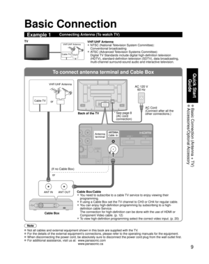 Page 99
Quick Start Guide
 Basic Connection (Antenna + TV) Accessories/Optional Accessory
To connect antenna terminal and Cable Box
ANT OUTANT IN
S VIDEO
PB Y
PBY
AUDIO
IN
PC
HDMI 1 HDMI 2
Basic Connection
Note
  Not all cables and external equipment shown in this book are supplied wi\
th the TV.
 For the details of the external equipment’s connections, please refer to the operating manuals for the equipment.
 When disconnecting the power cord, be absolutely sure to disconnect the \
power cord plug from the...