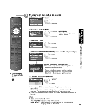 Page 1515
Guía de inicio rápido
 Configuración por primera vez
■ Pulse para salir 
de la pantalla de 
menú
Configuración automática de canales
 Seleccione “Programa auto”
Ajuste inicial
Idioma
Reloj
Programa auto
 Siguiente
 Seleccione
 Seleccione “Entrada ANT”
Programa canal 
CableEntrada ANT 
Auto
 Establezca
 Seleccione
  Entrada ANT  
Cable:     Televisión por cable
Antena:  Antena
 Seleccione “Auto”
Programa canal 
CableEntrada ANT 
Auto
 Siguiente
 Seleccione 
 Seleccione el modo de exploración (Todos los...