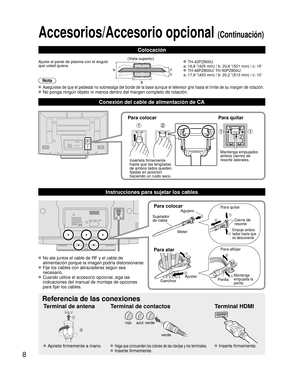 Page 88
ab c
c
Conexión del cable de alimentación de CA
Accesorios/Accesorio opcional (Continuación)
Terminal de antena Terminal de contactos
Terminal HDMI
verdeazulrojo
verde
 Apriete firmemente a mano. Haga que concuerden los colores de las clavijas y los terminales.
 Inserte firmemente.
 Inserte firmemente.
Para colocar
Agujero
Meter
Para atar
Para quitar
Para aflojar
Empuje ambos 
lados hasta que 
se desconecte
Cierre de
resorte
Ajustar
Ganchos Perilla
Mantenga
empujada la
perilla
Sujetador 
de cable
 No...