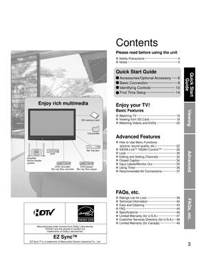 Page 33
Viewing
Advanced
FAQs, etc.
Quick Start Guide
Manufactured under license from Dolby Laboratories. DOLBY and the double-D symbol are trademarks of Dolby Laboratories.
EZ Sync™
EZ Sync™ is a trademark of Matsushita Electric Industrial Co., Ltd.
 Watching TV ··················\
··················\
··········· 16
 Viewing from SD Card ··················\
·············· 18
 Watching Videos and DVDs ··················\
····· 20
 How to Use Menu Functions 
(picture, sound quality, etc.) ··················\...