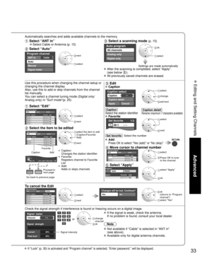 Page 3333
Advanced
 Editing and Setting Channels
Automatically searches and adds available channels to the memory.
 Select “ANT in”
    Select Cable or Antenna (p. 15)
 Select “Auto”
Program channel
CableANT in
Auto
Manual
Signal meter
 next
 select
 Select a scanning mode (p. 15)
Auto program
All channels
Analog only
Digital only
 ok
 select
Settings are made automatically 
 After the scanning is completed, select “Apply”.(see below 
).
 All previously saved channels are erased.
Use this procedure when...