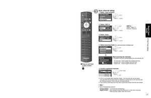 Page 171617
Quick Start Guide
 First Time  Setup
First Time Setup
■ Press to exit from 
a menu screen
Auto channel setup
 Select “Auto program”
First time setup
Language
Clock
Auto program
 next
 select
 Select “ANT in”
Program channel
CableANT in
Auto
 set
 select
  ANT in  
Cable:  Cable TV
Antenna:  Antenna
 Select “Auto”
Program channel
CableANT in
Auto
 next
 select 
 Select scanning mode (ALL channels/Analog only/Digital only)
Auto program
All channels
Analog only
Digital only
 ok
 select
Auto...