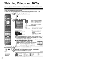 Page 222223
Viewing
 Watching Videos and DVDs
VIERA LinkTM Setting
If you connect equipment that has “HDAVI Control” function to this TV with HDMI cable, you can 
use more convenient functions. Please refer to p. 28-31. Before using th\
ese functions, you need 
to set “VIERA Link” setting to “On” as shown below.
TV MENU
■ Press to exit from 
a menu screen
■ Press to return 
to the previous 
screen
Display menu
Select “Setup”
Menu
VIERA Link
Lock
Setup SD card
CC
 select
 next
Select “VIERA Link setting”
Setup...