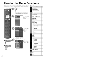 Page 242425
Advanced
 How to Use Menu Functions(picture, sound quality, etc.)
 In AV mode, the Audio menu and Setup menu give fewer options.
Menu Item Adjustments/Configurations (alternatives)VIERA Link
Record now
Stop recording
VIERA Link control 
Speaker output
[Record now/Stop recording]
Records programs on the recorder immediately with the TV’s remote control (p. 30-31).
[VIERA Link control]
Selects equipment to access and operate. (Recorder/Home theater/Player/Camcorder)  (p.30-31)
[Speaker output]
Selects...