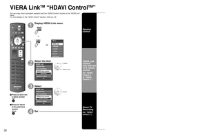 Page 303031
Advanced
 VIERA Link
TM
 “HDAVI Control
TM
”
VIERA Link
TM
 “HDAVI Control
TM
” (Continued)
You can enjoy more convenient operation with the “HDAVI Control” function in the “VIERA Link” 
menu.
For more details on the “HDAVI Control” function, refer to p. 28
GUIDESUB
MENU
TV MENU
■ Press to exit from 
a menu screen
■ Press to return 
to the previous 
screen
Display VIERA Link menu
Menu
Audio
Lock
SD card Timer Picture
VIERA Link
or
Select the item
Record now
Stop recording
Speaker output
TV
VIERA...