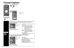 Page 363637
Advanced
 Input Labels/Monitor Out
 Closed Caption
Closed Caption Input Labels/Monitor Out
CC
Display
Closed 
Caption
The television includes a built-in decoder that is capable of providing \
a text display of the audio. 
The program being viewed must be transmitting Closed Caption (CC) info\
rmation. (p. 46)
■ Select the item and set
 
CC
Mode
Analog
Digital
Digital setting
CC reset
CC1
Primary On
 select
 set
Mode
Select “On” (when not using, select 
“Off”).
Analog (Choose the Closed Caption...