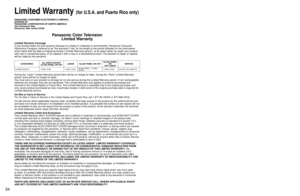 Page 545455
FAQs, etc.
 Customer Services Directory  (for U.S.A. and Puerto Rico)
 Limited Warranty (for U.S.A. and Puerto Rico only)
Limited Warranty Coverage
If your product does not work properly because of a defect in materials \
or workmanship, Panasonic Consumer 
Electronics Company (referred to as “the warrantor”) will, for t\
he length of the period indicated on the chart below, 
which starts with the date of original purchase (“Limited Warranty period”), at its option either (a) repair your product...