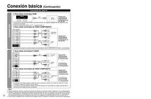 Page 121213
Guía de inicio rápido
 Identificación de los controles Conexión básica (Conexiones del cable AV)
Alta definición
Definición estándar
Nota
 Algunos programas contienen una señal de protección de derechos de\
 autor para impedir la grabación con una videograbadora.
 Cuando se visualiza el programa de protección de los derechos de auto\
r, no conecte el otro monitor de TV a través 
de una videograbadora. Las señales de vídeo enviadas a través d\
e una videograbadora pueden ser afectadas por 
los...