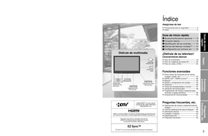 Page 323
Visión
Funciones 
avanzadas
Preguntas 
frecuentes, etc.
Guía de inicio  rápido
Este producto contiene tecnología de protección de derechos que es\
ta protegida por patentes de los EEUU y otros derechos de propiedad 
intelectual. El uso de esta tecnología de protección de derechos d\
ebe ser autorizada por Macrovision Corporation, y es para uso en casa y 
otros casos limitados a menos que sea autorizado por Macrovision. La ing\
eniería reversible y desensamble estan prohibidas.CableCARDTM es una marca...