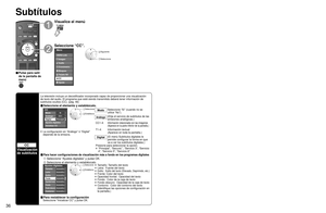 Page 363637
Funciones 
avanzadas
 Títulos de entradas/Salida a monitor
 Subtítulos
SubtítulosTítulos de entradas/Salida a monitor
CC
Visualización 
de subtítulos
La televisión incluye un decodificador incorporado capaz de proporcio\
nar una visualización 
de texto del audio. El programa que esté siendo transmitido deberá\
 tener información de 
subtítulos ocultos (CC). (pág. 46)
■ Seleccione el elemento y establézcalo.
 
CC
Modo
Análogo
Digital
Ajustes digitales 
Inicializar CC 
CC1
Principal Sí
 Seleccione...