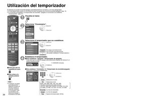 Page 383839
Funciones 
avanzadas
 Programación del mando a distancia para controlar el equipo perifé\
rico
 Utilización del temporizador 
TVVCR DBS/CBL DVD
Programación del mando a distancia 
para controlar el equipo periférico
Puede controlar los componentes de otros fabricantes utilizando el contr\
ol remoto de este televisor.
Conecte el equipo externo al televisor y
apague los equipos externos.
Pulse simultáneamente ambos botones 
durante más de 3 segundos.
• Suelte los botones cuando los botones de...