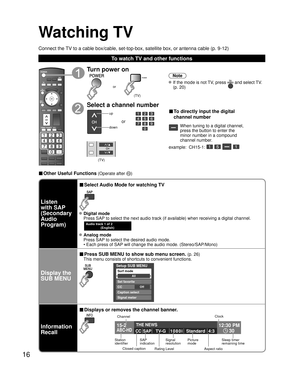 Page 1616
Watching TV
Connect the TV to a cable box/cable, set-top-box, satellite box, or antenna cable (\
p. 9-12)
To watch TV and other functions
■ Other Useful Functions (Operate after )
SUBMENU
Turn power on
POWER
(TV)
or
Note
 If the mode is not TV, press  and select TV. 
(p. 20)
Select a channel number
up
down
or
■ To directly input the digital 
channel number
When tuning to a digital channel, 
press the button to enter the 
minor number in a compound 
channel number.
example:  CH15-1: 
   
(TV)
Listen...