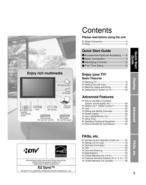 Page 33
Viewing
Advanced
FAQs, etc.
Quick Start Guide
Manufactured under license from Dolby Laboratories. DOLBY and the double-D symbol are trademarks of Dolby Laboratories.
EZ Sync™
EZ Sync™ is a trademark of Matsushita Electric Industrial Co., Ltd.
 Watching TV ··················\
··················\
··········· 16
 Viewing from SD Card ··················\
·············· 18
 Watching Videos and DVDs ··················\
····· 20
 Displaying PC Screen on TV ··················\
···· 22
 How to Use Menu...