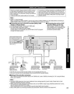 Page 4141
Advanced
 Recommended AV Connections
AUDIOIN
PCAUDIO IN
PC
TO
AUDIO
AMP
COMPONENTIN
VIDEO
IN
1
1 2
VIDEOS VIDEO
AUDIO
PROG
OUT
RPRPBYHDMI 1 HDMI 2
PRPBYR
RL
L
L
R L
AUDIO
VIERA LinkTM Connections
Follow the connection diagrams below for HDAVI control of 
a single piece of AV equipment such as a Panasonic DVD 
recorder (DIGA), RAM theater, or Player theater system.
Refer to page 28-31 for Setup Menu settings and additional 
control information.
•  Optional HDMI and/or optical cables are not included....