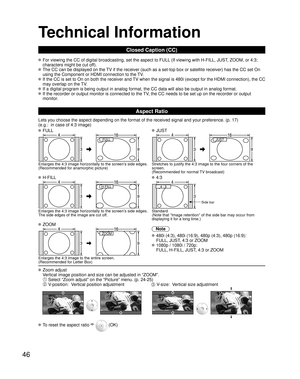 Page 4646
Technical Information
Closed Caption (CC)
 For viewing the CC of digital broadcasting, set the aspect to FULL (If viewing with H-FILL, JUST, ZOOM, or 4:3; characters might be cut off).  
 The CC can be displayed on the TV if the receiver (such as a set-top box or satellite receiver) has t\
he CC set On using the Component or HDMI connection to the TV.  
 If the CC is set to On on both the receiver and TV when the signal is 480i (except for the HDMI connection), the CC may overlap on the TV.
 If a...