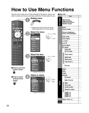 Page 2424
MenuItemVIERA Link
Record now
Stop recording
VIERA Link control 
Speaker output
Picture
Reset
Picture mode
Picture, Brightness,
Color, Tint, Sharpness
Color temp.
Color mgmt.
x.v.Color
C.A.T.S.
Zoom adjust
PC adjust
Advanced picture
Video NR
3D Y/C filter 
Color matrix
MPEG NR
Black level
24p Direct in
HD size
Audio
Reset
Bass
Treble
Balance
Advanced audio
AI sound
BBE VIVA 3D
BBE
Surround
Audio leveler
Speaker output
HDMI 1 in
HDMI 2 in
HDMI 3 in
HDMI 4 in
TimerSleep, Timer 1-5
Lock
■ Menu list
How...