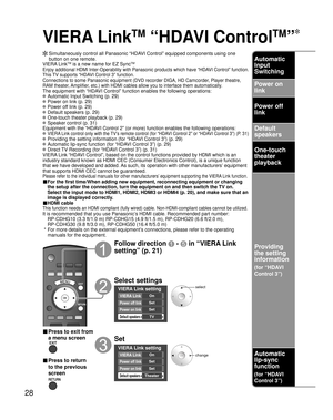 Page 2828
VIERA Link
TM
 “HDAVI Control
TM
”
  Simultaneously control all Panasonic “HDAVI Control” equipped components using one button on one remote.
VIERA Link
TM is a new name for EZ SyncTM
Enjoy additional HDMI Inter-Operability with Panasonic products which ha\
ve “HDAVI Control” function.
This TV supports “HDAVI Control 3” function.
Connections to some Panasonic equipment (DVD recorder DIGA, HD Camcorde\
r, Player theatre, 
RAM theater, Amplifier, etc.) with HDMI cables allow you to interface them...