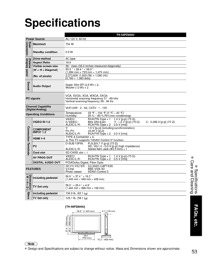 Page 5353
FAQs, etc.
 Specifications
 Care and Cleaning
TH-58PZ800U
Power Source AC 120 V
 , 60 HzPower
Consumption
Maximum734 W
Standby condition 0.2 W
Plasma 
Display panelDrive methodAC type
Aspect Ratio 16:9
Visible screen size
(W × H × Diagonal)
(No. of pixels)  58 ” class (58.0 inches measured diagonally)
50.5 ” × 28.4 ” × 58.0 ”
(1,284 mm × 723 mm × 1,474 mm)
2,073,600 (1,920 (W) × 1,080 (H))
[5,760 × 1,080 dots]
Sound
Audio Output
Super Slim SP (2.5 W) × 2, 
Woofer (13 W) × 2
PC signals VGA, SVGA, XGA,...