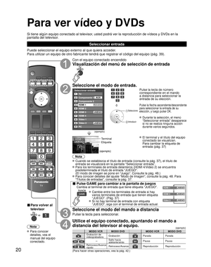 Page 2020
Para ver vídeo y DVDs
Si tiene algún equipo conectado al televisor, usted podrá ver la reproducción de vídeos y DVDs en la 
pantalla del televisor.
Seleccionar entrada
Puede seleccionar el equipo externo al que quiera acceder. 
Para utilizar un equipo de otro fabricante tendrá que registrar el có\
digo del equipo (pág. 39).
■ Para volver al 
televisor
   
Nota
 Para conocer detalles, vea el 
manual del equipo 
conectado.
Con el equipo conectado encendido
Visualización del menú de selección de entrada...