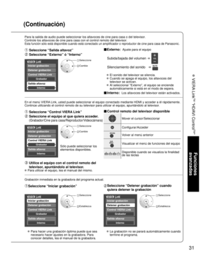 Page 3131
Funciones 
avanzadas
 VIERA Link
TM
 “HDAVI Control
TM
”
(Continuación)
Para la salida de audio puede seleccionar los altavoces de cine para cas\
a o del televisor.
Controle los altavoces de cine para casa con el control remoto del telev\
isor.
Esta función sólo está disponible cuando está conectado un a\
mplificador o reproductor de cine para casa de Panasonic.
 Seleccione “Salida altavoz”   
 Seleccione “Externo” ó “Interno”   
■Externo:  Ajuste para el equipo
 Subida/bajada del volumen...