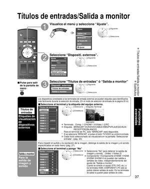 Page 3737
Funciones 
avanzadas
 Títulos de entradas/Salida a monitor
 Subtítulos
Títulos de entradas/Salida a monitor
Títulos de 
entradas
Etiquetas de 
visualización 
de 
dispositivos 
externos
Los dispositivos conectados a los terminales de entrada externos se pued\
en etiquetar para identificarlos 
más fácilmente durante la selección de entrada. (En el modo de\
 selección de entrada de la página 20 
)
■ Seleccione el terminal y la etiqueta del equipo externo.
Custom
3
4
-
-
Títulos de entradas
Componente 1...