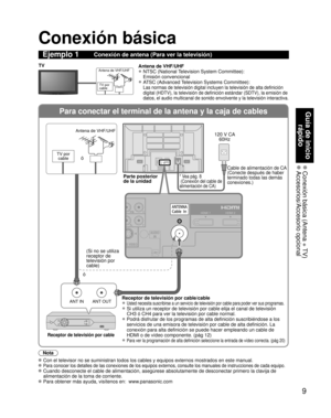 Page 99
Guía de inicio rápido
 Conexión básica (Antena + TV) Accesorios/Accesorio  opcional
Para conectar el terminal de la antena y la caja de cables
ANT OUTANT IN
S VIDEO
PB Y
PBY
AUDIO
IN
PC
HDMI 1 HDMI 2
Conexión básica
Nota
  Con el televisor no se suministran todos los cables y equipos externos m\
ostrados en este manual. 
  Para conocer los detalles de las conexiones de los equipos externos, con\
sulte los manuales de instrucciones de cada equipo.
 Cuando desconecte el cable de alimentación, asegúrese...