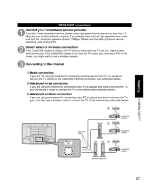 Page 2727
Viewing
 VIERA  CAST
TM
VIERA CAST connections
Contact your Broadband service provider
If you don’t have broadband service, please order high-speed Internet\
 service no less than 1.5 
Mbps by your local broadband company. If you already have Internet high speed service, make 
sure that the connection speed is at least 1.5Mbps. Please note that dia\
l-up Internet service 
cannot be used for the IPTV.
Select wired or wireless connection 
If the Cable/DSL modem is close to the TV and you have only one...