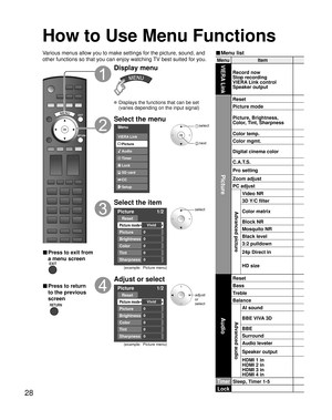 Page 2828
MenuItemVIERA Link
Record now
Stop recording
VIERA Link control 
Speaker output
Picture
Reset
Picture mode
Picture, Brightness,
Color, Tint, Sharpness
Color temp.
Color mgmt.
Digital cinema color
C.A.T.S.
Pro setting
Zoom adjust
PC adjust
Advanced picture
Video NR
3D Y/C filter 
Color matrix
Block NR
Mosquito NR
Black level
3:2 pulldown
24p Direct in
HD size
Audio
Reset
Bass
Treble
Balance
Advanced audio
AI sound
BBE VIVA 3D
BBE
Surround
Audio leveler
Speaker output
HDMI 1 in
HDMI 2 in
HDMI 3 in
HDMI...