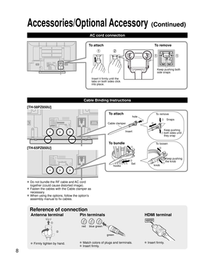 Page 88
Accessories/Optional Accessory (Continued)
AC cord connection
To attachhole
Insert
To bundle
To remove
To loosen
Keep pushing 
both sides until 
they snap
 Snaps
Set
hooks knobKeep pushing 
the knob
Cable clamper
 Do not bundle the RF cable and AC cord 
together (could cause distorted image).
 Fasten the cables with the Cable clamper as necessary.
 When using the options, follow the option’s assembly manual to fix cables.
Cable Binding Instructions
Antenna terminal Pin terminals HDMI terminal...