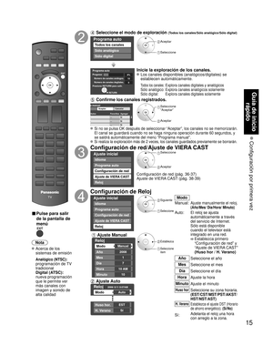 Page 1515
Guía de inicio rápido
 Configuración por primera vez
■ Pulse para salir 
de la pantalla de 
menú
Nota
 Acerca de los 
sistemas de emisión
 
Analógico (NTSC):
  programación de TV 
tradicional
 Digital (ATSC):
   nueva programación 
que le permite ver 
más canales con 
imagen y sonido de 
alta calidad
 Seleccione el modo de exploración (Todos los canales/Sólo analógico/Sólo digital)
Programa auto 
Todos los canales
Sólo analógico 
Sólo digital
 Aceptar
 Seleccione
Programa autoProgresoNúmero de canales...