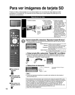 Page 1818
Para ver imágenes de tarjeta SD
Puede ver videos y fotos tomadas con una cámara digital ó con una \
cámara de vídeo digital que estén 
guardadas en una tarjeta SD. (El contenido de otros medios que no sean \
tarjetas SD puede que no se 
reproduzca correctamente.)
Reproductor de vídeo
SD CARD
■ Para volver al 
televisor
■ Pulse para salir 
de la pantalla de 
menú
■ Para volver a la
pantalla anterior
Tarjeta
SD
 Inserte la tarjeta. Retire la tarjeta.
 
  Pulse ligeramente 
sobre la tarjeta SD 
y luego...