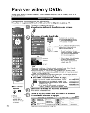 Page 2222
Para ver vídeo y DVDs
Si tiene algún equipo conectado al televisor, usted podrá ver la reproducción de vídeos y DVDs en la 
pantalla del televisor.
Seleccionar entrada
Puede seleccionar el equipo externo al que quiera acceder. 
Para utilizar un equipo de otro fabricante tendrá que registrar el có\
digo del equipo (pág. 47).
■ Para volver al 
televisor
   
Nota
 Para conocer detalles, vea el 
manual del equipo 
conectado.
Con el equipo conectado encendido
Visualización del menú de selección de entrada...