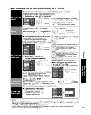 Page 4141
Funciones 
avanzadas
 Bloqueo
■ Para seleccionar el canal ó la clasificación del programa que va a\
 bloquear
Bloqueo de 
canal
Seleccione hasta 7 (1-7) canales para bloquearlos. Estos canales se bl\
oquearán 
independientemente de la clasificación del programa. 
 Seleccione “Modo” y póngalo en “Usuario”.
 Seleccione el canal que va a bloquear.
Bloquear canal
Modo
Canal 1 
Canal 2 
Canal 3 
Usuario
3
4
-
 Seleccione 
 Establezca
 Para bloquear/desbloquear todos los canales:
 Seleccione “Modo” y...