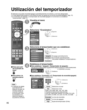 Page 4646
Utilización del temporizador 
El televisor se puede encender/apagar automáticamente en la fecha y a\
 la hora designadas.
 El reloj deberá estar puesto en hora antes de hacer los ajustes de la\
 hora de encendido/apagado. (pág. 15)
 El cronómetro de apagado y el temporizador de encendido/apagado no fu\
ncionará si se establece “Autoencendido”. (pág. 31)
■ Pulse para salir 
de la pantalla de 
menú
■ Para volver a la 
pantalla anterior
Nota
 El televisor se apaga automáticamente 
después de pasar 90...