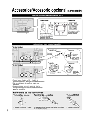 Page 88
Conexión del cable de alimentación de CA
Accesorios/Accesorio opcional (Continuación)
Terminal de antena Terminal de contactosTerminal HDMI
verdeazulrojo
verde
 Apriete firmemente a mano. Haga que concuerden los colores de las clavijas y los terminales.
 Inserte firmemente.
 Inserte firmemente.
Para colocar Para quitar
Insértela firmemente 
hasta que las lengüetas 
de ambos lados queden 
fijadas en posición 
haciendo un ruido seco. Mantenga empujados 
ambos cierres de 
resorte laterales.
Referencia de...