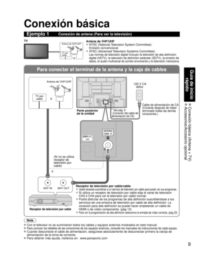 Page 99
Guía de inicio rápido
 Conexión básica (Antena + TV) Accesorios/Accesorio  opcional
Para conectar el terminal de la antena y la caja de cables
ANT OUTANT IN
Conexión básica
Nota
  Con el televisor no se suministran todos los cables y equipos externos m\
ostrados en este manual. 
  Para conocer los detalles de las conexiones de los equipos externos, con\
sulte los manuales de instrucciones de cada equipo.
 Cuando desconecte el cable de alimentación, asegúrese absolutament\
e de desconectar primero la...