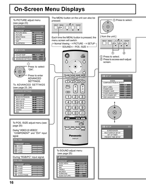 Page 1616
INPUT MENU ENTER-+VOL
Normal Viewing PICTURE SETUP
SOUNDPOS. /SIZE
On-Screen Menu Displays
The MENU button on the unit can also be 
pressed.
Each time the MENU button is pressed, the 
menu screen will switch.
0
0
0
0
0
0
2.2 W/B LOW B BLACK EXTENSION
W/B HIGH B
W/B LOW R
AGC GAMMA INPUT LEVEL
W/B HIGH R
ADVANCED SETTINGS
NORMALNORMALIZE
OFF
To PICTURE adjust menu
(see page 23)
To ADVANCED  SETTINGS
(see page 23, 24)Press to select 
“ON”.
Press to enter 
ADVANCED 
SETTINGS.
1/2
PC
OFF
STANDBY SAVE
OFF...