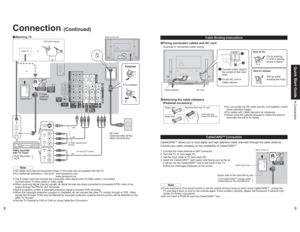 Page 589
Quick Start Guide Connection
ANT IN
ANT OUT
S-Video
OUT
Video
OUT
Audio
OUTL
R
Video
IN
Audio
INL
R
Connection
(Continued)
vWatching TV
Back of the unit
S-Video signals have 
priority. orVHF/UHF Antenna
DVD Recorder /
VCR
Fastener•To unfasten
AC cord
(Connect after all the 
other connections.)
Note
•All cables and external equipment shown in this book are not supplied with the TV. •For additional assistance, visit us at : www.panasonic.com
www.panasonic.ca•The S-Video input will override the...