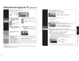 Page 442021
Visión Utilización de la guía de TV
Aparece la lista de programas.
 Establezca Seleccione un tipo de búsqueda Seleccione un tipo de categoría
Lista de programas Ejemplo de categoría: 
PELÍCULAS, DEPORTESEjemplo de subcategoría: Todo, acción, musicales…
 Seleccione 
caracteres Introduzca 
caracteresRepita
Búsqueda de 
programasSEARCH
(BUSCAR)
 Seleccione “SEARCH” en 
.(pág. 18)
 Seleccione el tipo de búsqueda y la categoría.vBúsqueda de una palabra clave, actor o director específicoSeleccione...