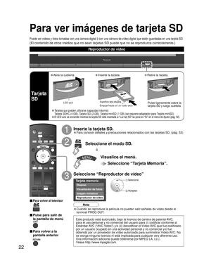 Page 2222
Tarjeta memoria
Imagen miniatura
Reproductor de vídeo
Diaposi.
Visualizador de fotos
Para ver imágenes de tarjeta SD
Puede ver videos y fotos tomadas con una cámara digital ó con una cámara de vídeo digital que estén guardadas en una tarjeta SD.
(El contenido de otros medios que no sean tarjetas SD puede que no se reproduzca correctamente.)
Seleccione “Reproductor de vídeo”
3
2Seleccione el modo SD.
 ó
■ Para volver al televisor
■ Pulse para salir de 
la pantalla de menú
■ Para volver a la
pantalla...