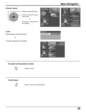 Page 2525
Press to return.
To return to the previous screen
Press to return to normal picture.
To exit menu
MENU
EXIT
Menu Navigation
[Channel / Setup]
CH
VOL
CHVOL
OK
Press to select the menu.
Press to enter the sub-
menu field.
Proceed to adjustment
and setting.
Password
Enter Password- - - - 
[Lock]
Enter password and repeat step 2.
Proceed to adjustment and setting. 