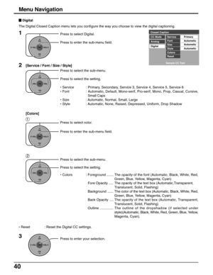 Page 4040
Menu Navigation
Press to select Digital.
Press to enter the sub-menu field.
CH
VOL
CHVOL
OK
CH
VOL
CHVOL
OK
Press to select the sub-menu.
Press to select the setting.
• Service : Primary, Secondary, Service 3, Service 4, Service 5, Service 6
• Font : 
Automatic, Default, Mono-serif, Pro-serif, Mono, Prop, Casual, Cursive,
Small Caps
• Size : Automatic, Normal, Small, Large
• Style : Automatic, None, Raised, Depressed, Uniform, Drop Shadow
• Colors : Foreground .......The opacity of the font...