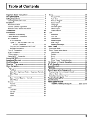 Page 55
Table of Contents
Important Safety Instructions ....................................... 3
FCC STATEMENT ........................................................... 6
Safety Precautions ......................................................... 7
Cleaning and maintenance ........................................... 8
Installation ...................................................................... 9
Receiver Location ......................................................... 9
Optional External Equipment...