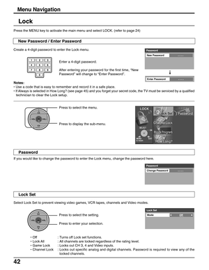 Page 4242
Lock
Enter a 4-digit password.
After entering your password for the first time, “New
Password” will change to “Enter Password”.
Notes:
• Use a code that is easy to remember and record it in a safe place.
• If Always is selected in How Long? (see page 45) and you forget your secret code, the TV must be serviced by a qualified
technician to clear the Lock setup. Create a 4-digit password to enter the Lock menu.
Select Lock Set to prevent viewing video games, VCR tapes, channels and Video modes.
Press to...