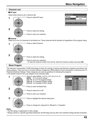 Page 4343
This television incorporates V-CHIP technology to block the viewing of movies and television programs according to the
rating category. There are four (4) Content Advisory Categories: MPAA (Motion Picture Association of America) and TV
Parental Guidelines Ratings. These categories are used as guidelines for blocking the programs.
• The default mode for the Lock category is the Unlocked state.
Press to select MPAA, U.S.TV, C.E.L.R or C.F.L.R.
MPAA: for U.S movie ratings
U.S. TV: for U.S TV program...
