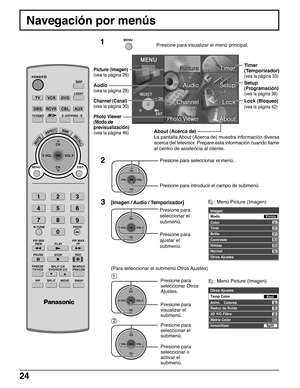 Page 2424
1Presione para visualizar el menú principal.
2
CH
VOL
CHVOL
OK
MENU
Presione para seleccionar el menú.
Timer
(Temporizador)
(vea la página 33)
Setup
(Programación)
(vea la página 36)
Lock (Bloqueo)
(vea la página 42)
3
CH
VOL
CHVOL
OK
Presione para introducir el campo de submenú.
CH
VOL
CHVOL
OK
Presione para
seleccionar el
submenú.
Presione para
ajustar el
submenú.
Imagen
Color
Tinte
Brillo
Contraste
Nitidez
Normal
Otros Ajustes 
Modo
Vívido
31
31
31
63
50
Si
Ej.: Menú Picture (Imagen)
CH
VOL
CHVOL...