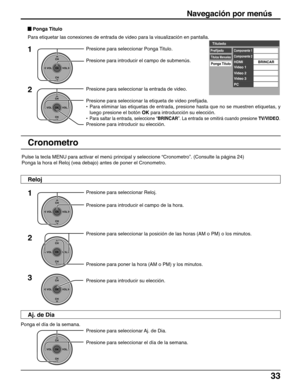 Page 3333
1Presione para seleccionar Ponga Titulo.
Presione para introducir el campo de submenús.
2Presione para seleccionar la entrada de video.
Presione para seleccionar la etiqueta de video prefijada.
•Para eliminar las etiquetas de entrada, presione hasta que no se muestren etiquetas, y
luego presione el botón OK para introducción su elección.
•
Para saltar la entrada, seleccione “BRINCAR”. La entrada se omitirá cuando presione TV/VIDEO.
Presione para introducir su elección.
CH
VOL
CHVOL
OK
CH
VOL
CHVOL
OK...