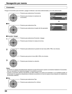 Page 3434
Presione para seleccionar Fijar.
Presione para seleccionar No o Activar.
CH
VOL
CHVOL
OK
Presione para seleccionar la posición de las horas (AM o PM) o los minutos.
Presione para poner la hora (AM o PM) y los minutos.2
Notas:
•El televisor se apaga automáticamente después de pasar 90 minutos cuando se enciende mediante el Cronometro.
Esto se cancelará si se selecciona Apagar o se presiona una tecla.
•Cuando el suministro eléctrico del televisor se altere debido a un corte en el suministro o a un...