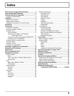 Page 55
Índice
Instrucciones de seguridad importantes ..................... 3
Aviso de seguridad importante .................................... 6
Precauciones para su seguridad .................................. 7
Limpieza y mantenimiento ............................................ 8
Instalación ...................................................................... 9
Ubicación del receptor .................................................. 9
Equipo externo opcional...